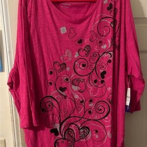 Catherines Pink Long Sleeve Top with Black Swirl and Heart Design